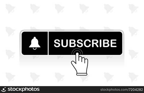 Black subscribe button with mouse pointer and notification bell icon flat in modern colour design concept on isolated white background. EPS 10 vector.. Black subscribe button with mouse pointer and notification bell icon flat in modern colour design concept on isolated white background. EPS 10 vector