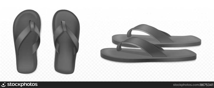 Black summer slippers for beach or pool top side view isolated transparent background. Vector realistic blank flip flops mockup, plastic sandals with thong, rubber shoes for household or sea vacation. Black summer rubber slippers for beach or pool