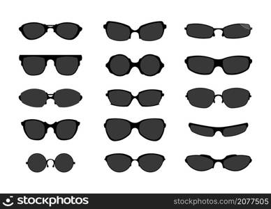 Black sunglasses. Retro fashion spectacles of different shapes. Vintage style eyewear. Geek or medicine optics logo. Sunlight protection. Isolated dark eyeglasses. Vector summer trendy accessories set. Black sunglasses. Retro fashion spectacles of different shapes. Vintage style eyewear. Geek or medicine optics logo. Sunlight protection. Dark eyeglasses. Vector summer accessories set