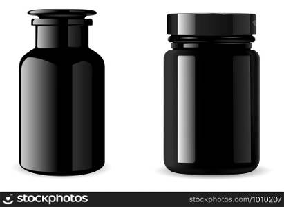 Black supplement bottle. Glossy Medicine jar mockup. 3d vector packaging for tablet, vitamin. Pill container isolated on white background. Medical glass flask for bath sea salt. Beauty product design