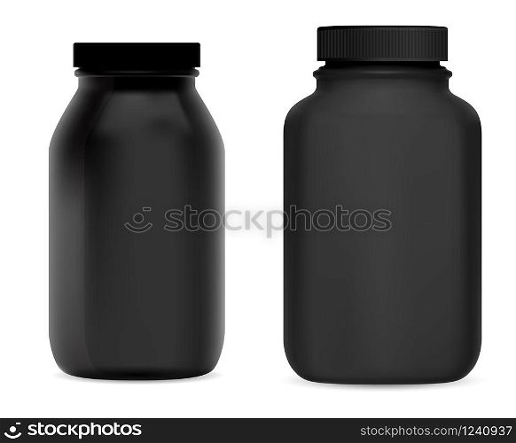 Black supplement bottle. Medicine pill jar set. Glass packaging template for drug or syrup pharmaceutical medicament. Realistic 3d medical drug cylinder vial mockup. Black supplement bottle. Medicine pill jar set