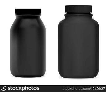 Black supplement bottle. Medicine pill jar set. Glass packaging template for drug or syrup pharmaceutical medicament. Realistic 3d medical drug cylinder vial mockup. Black supplement bottle. Medicine pill jar set