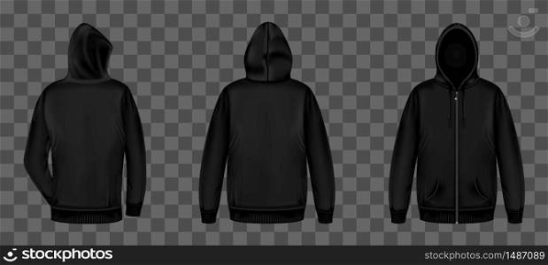 Black sweatshirt with zipper, hood and pockets front and back view. Vector realistic mockup of male zip hoodie with long sleeve. Man silhouette in street wear, urban style sport shirt. Black sweatshirt with zipper front and back view