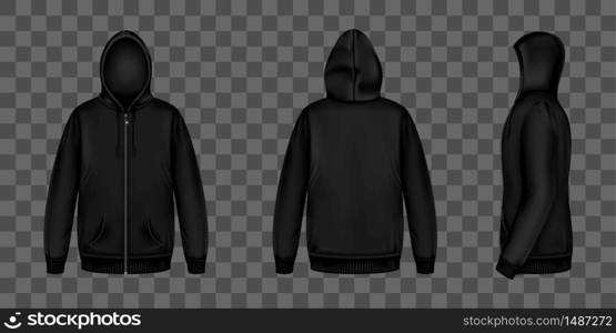 Black sweatshirt with zipper, hood and pockets front, back and side view. Vector realistic mockup of male zip hoodie with long sleeve. Warm shirt, men sport jacket isolated on transparent background. Black sweatshirt with zipper, hood and pockets