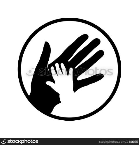 Black symbol of family hands. Child hand with mother hand icon.. Child and mother hands