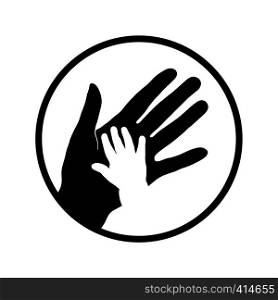 Black symbol of family hands. Child hand with mother hand icon.. Child and mother hands