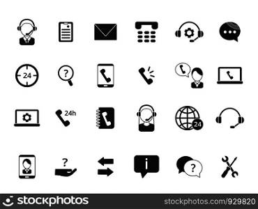 Black symbols of online support. Icon set of call center isolate on white. Service online phone, support customer icon. Vector illustration. Black symbols of online support. Icon set of call center isolate on white