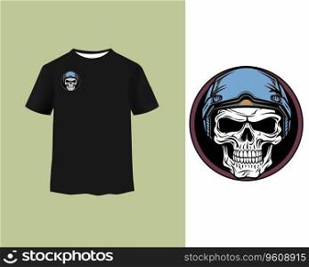 Black T-Shirt with Blue Helmeted Skull Design