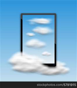 Black Tablet PC Computer with Clouds and Blue Sky. Illustration Black Tablet PC Computer with Clouds and Blue Sky - Vector