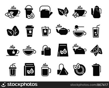Black tea leaves icons. Hot drink cup, cold iced tea and teapot with steam pictogram. Organic herbal or mint teas logotype, eco leaf tea sign and teapot. Isolated icon vector set. Black tea leaves icons. Hot drink cup, cold iced tea and teapot with steam pictogram icon vector set