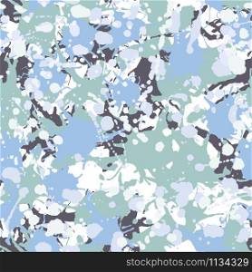 Black, teal, green, blue, white artistic ink paint splashes camouflage seamless vector pattern