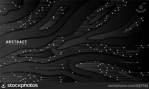 Black technology background. Decoration of realistic abstract textured paper pieces with wavy layers and dots and connecting lines. Vector illustration. Cover layout template.. Black technology background. Decoration of realistic abstract textured paper pieces with wavy layers and dots and connecting lines. Vector