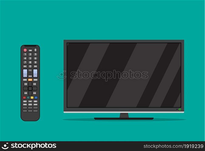 black television screen icon . led monitor display and Remote control for TV. Vector illustration in flat style. black television screen