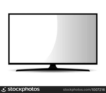 Black Television with White Screen. Wide Monitor isolated on Background. 4k High Definition Lcd. Led Electronic Display Design Mockup. Crystal Clear Cinema Panel. Hdtv Televisor with Stand.. Black Television with White Screen. Wide Monitor.