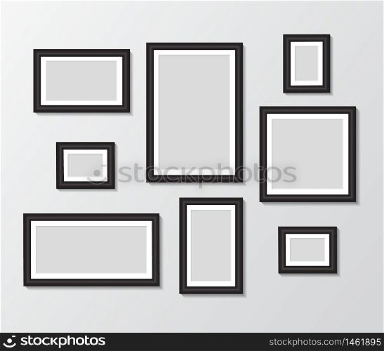 Black templates photo frame hanging on wall. Empty picture album layout. Design photo frame for poster, memo, banner, creative interior, museum wall. Set realistic mockup picture . vector isolated. Black templates photo frame hanging on wall. Empty picture album layout. Design photo frame for poster, memo, banner, creative interior, museum wall. Set realistic mockup picture . vector
