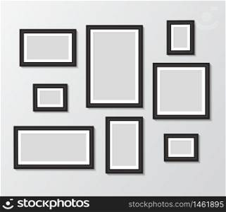 Black templates photo frame hanging on wall. Empty picture album layout. Design photo frame for poster, memo, banner, creative interior, museum wall. Set realistic mockup picture . vector isolated. Black templates photo frame hanging on wall. Empty picture album layout. Design photo frame for poster, memo, banner, creative interior, museum wall. Set realistic mockup picture . vector