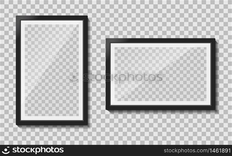 Black templates photo frame with glass reflection hanging on wall. Empty picture album layout. Design photo frame for memo, creative interior. Set realistic mockup picture a4 format. vector isolated. Black templates photo frame with glass reflection hanging on wall. Empty picture album layout. Design photo frame for memo, creative interior. Set realistic mockup picture a4 format. vector