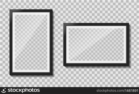 Black templates photo frame with glass reflection hanging on wall. Empty picture album layout. Design photo frame for memo, creative interior. Set realistic mockup picture a4 format. vector isolated. Black templates photo frame with glass reflection hanging on wall. Empty picture album layout. Design photo frame for memo, creative interior. Set realistic mockup picture a4 format. vector