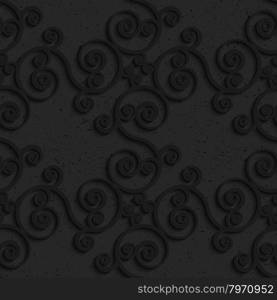 Black textured plastic diagonal spiral flourish.Seamless abstract geometrical pattern with 3d effect. Background with realistic shadows and layering.