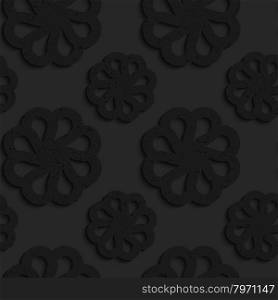 Black textured plastic flowers with rim.Seamless abstract geometrical pattern with 3d effect. Background with realistic shadows and layering.