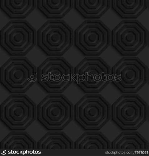 Black textured plastic simple striped hexagons in row.Seamless abstract geometrical pattern with 3d effect. Background with realistic shadows and layering.