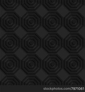 Black textured plastic simple striped hexagons in row.Seamless abstract geometrical pattern with 3d effect. Background with realistic shadows and layering.