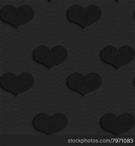 Black textured plastic solid hearts.Seamless abstract geometrical pattern with 3d effect. Background with realistic shadows and layering.
