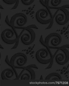 Black textured plastic spirals forming triangles with dots.Seamless abstract geometrical pattern with 3d effect. Background with realistic shadows and layering.