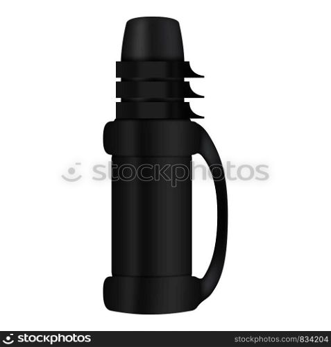 Black thermos mockup. Realistic illustration of black thermos vector mockup for web design isolated on white background. Black thermos mockup, realistic style