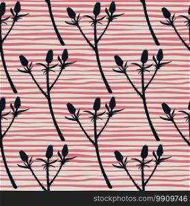Black thorn branch silhouettes seamless pattern. Stripped background with red and white lines. Floral backdrop. Designed for wallpaper, textile, wrapping paper, fabric print. Vector illustration.. Black thorn branch silhouettes seamless pattern. Stripped background with red and white lines. Floral backdrop.