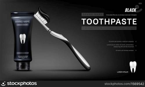 Black toothpaste ads banner with brush, healthy tooth and plastic tube. Brand promotional poster with dental care product, night repair mouthwash. Advertising promo realistic 3d vector background. Black toothpaste ads banner with brush and tooth