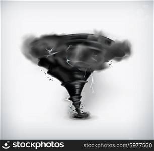 Black tornado with lightning, vector icon
