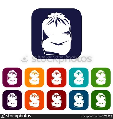 Black trash bag icons set vector illustration in flat style In colors red, blue, green and other. Black trash bag icons set