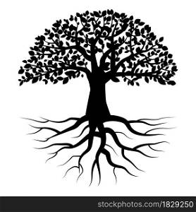 Black tree with roots. White background. Icon for decorative design. Nature art. Vector illustration. Stock image. EPS 10.. Black tree with roots. White background. Icon for decorative design. Nature art. Vector illustration. Stock image.