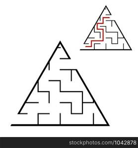 Black triangular labyrinth. Game for kids. Puzzle for children. Maze conundrum. Flat vector illustration isolated on white background. With answer. With place for your image. Black triangular labyrinth. Game for kids. Puzzle for children. Maze conundrum. Flat vector illustration isolated on white background. With answer. With place for your image.