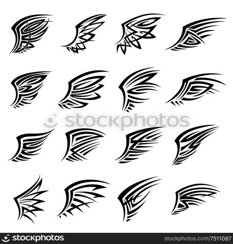 Black tribal tattoo designs with isolated wings. Also may bu used as heraldry symbol, emblem, icon or t-shirt print design . Black tribal isolated wings icons or tattoos
