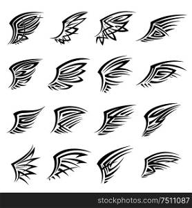 Black tribal tattoo designs with isolated wings. Also may bu used as heraldry symbol, emblem, icon or t-shirt print design . Black tribal isolated wings icons or tattoos