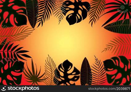 Black tropical leaves collection on bright background. Sunset concept. Vector illustration. Frame, template, banner.