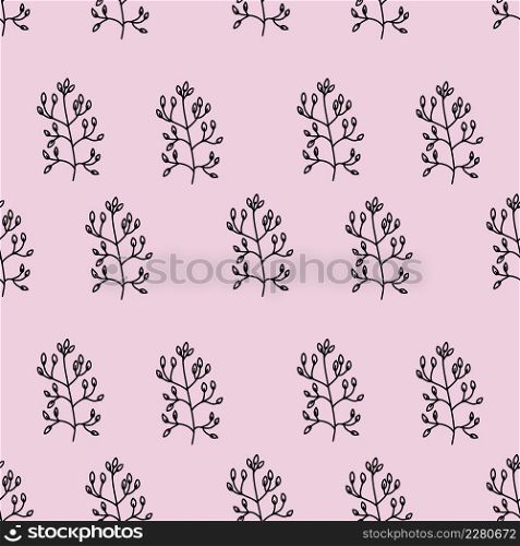 Black twigs in style of doodle on pink background. Endless pattern for printing on fabric and packaging paper.