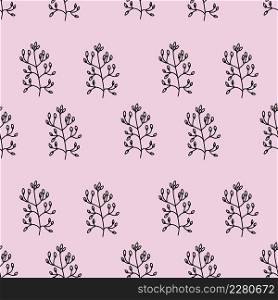 Black twigs in style of doodle on pink background. Endless pattern for printing on fabric and packaging paper.