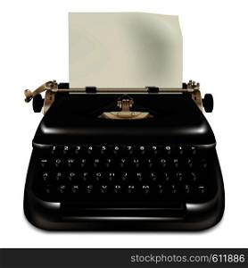 Black typewriter icon. Realistic illustration of black typewriter vector icon for web design isolated on white background. Black typewriter icon, realistic style