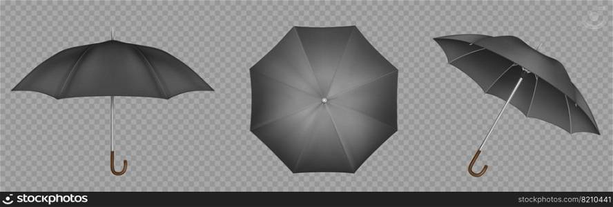 Black umbrella, parasol top, side and front view. Waterproof accessories for rainy autumn weather, design element isolated on transparent background. Realistic 3d vector illustration, icons set. Black umbrella, parasol top, side and front view