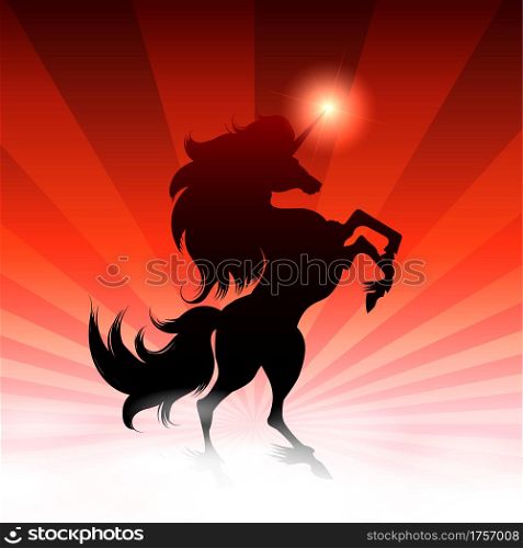 Black Unicorn and shining Star on Colorful background. Vector Illustration.