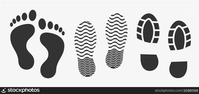 Black unique human footprints set isolated on white. Vector illustration . Black unique human footprints set isolated on white. Vector