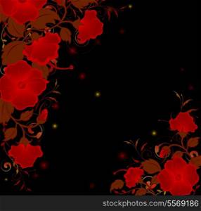 Black vector background with red tropical flowers