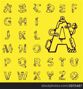 black vector set of letters of the English alphabet mechanical robot style on yellow background