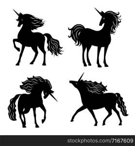 Black vector unicorn silhouettes isolated on white background. Magic horse with horn, black white unicorn illustration. Black vector unicorn silhouettes isolated on white background