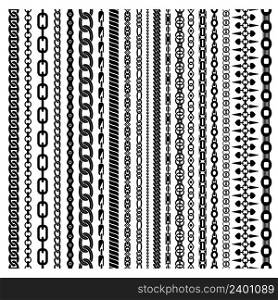 Black vertical chains set of different shapes ornament and thickness on white background isolated vector illustration. Black Vertical Chains Set