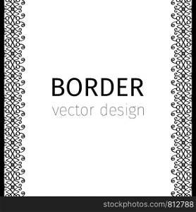 Black vertical vector border with curls and rhombus. Black vertical border with curls