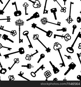 Black vintage and modern keys on white decorative pattern, vector background. Vntage and modern keys decorative pattern